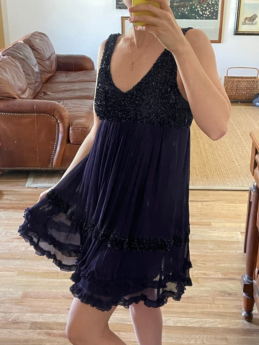 Y2K Silk Beaded Babydoll Dress Ruffle Hem Size Small